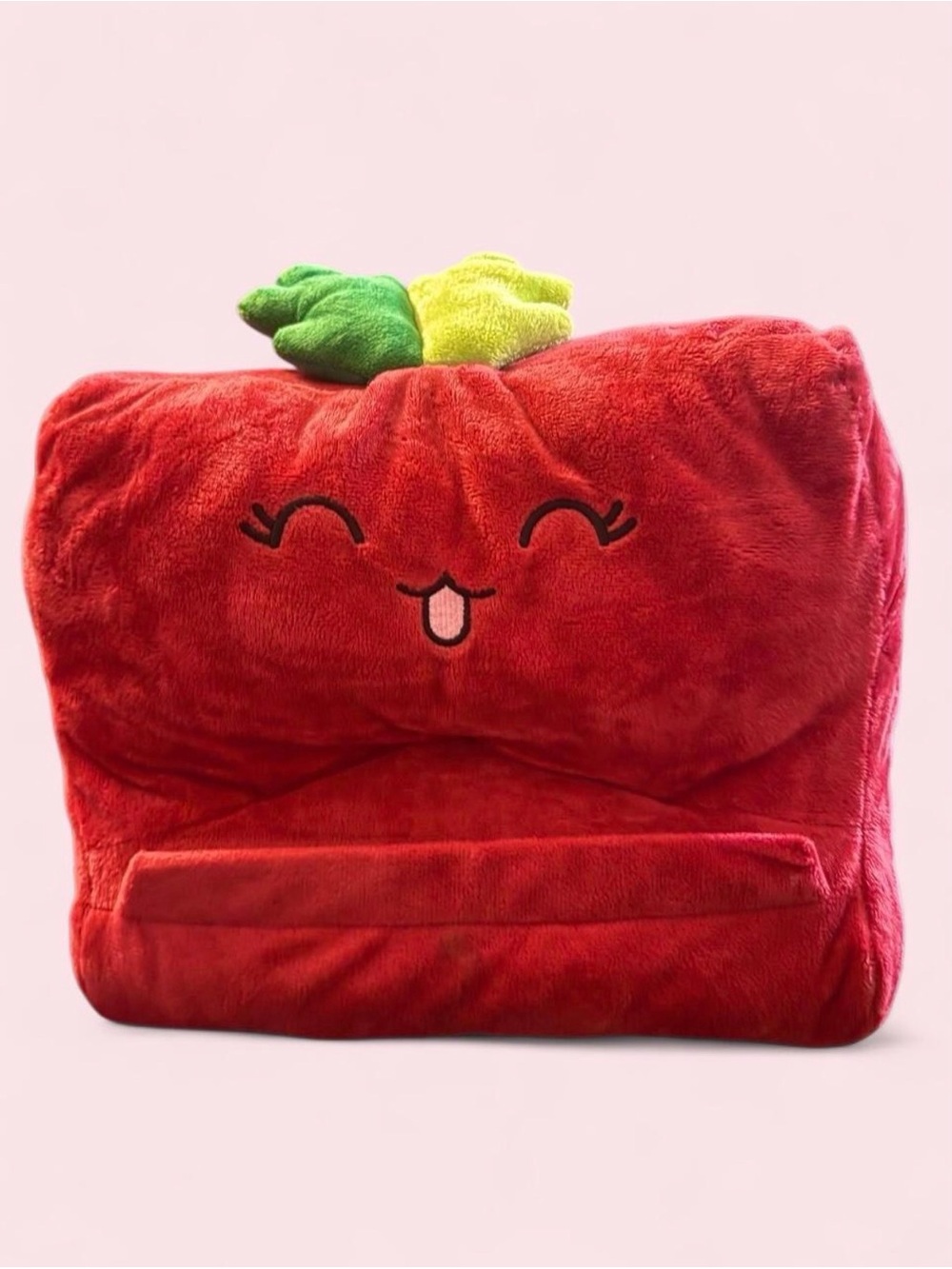 Red tomato plush pillow/book holder with green stem